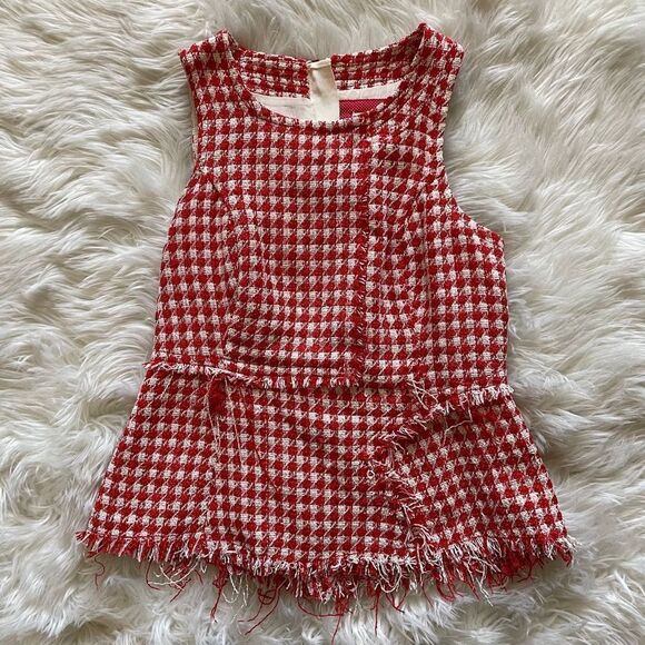 Anthropologie Maeve Tweed Peplum Top Red Tan Size 2 - Picture 1 of 7